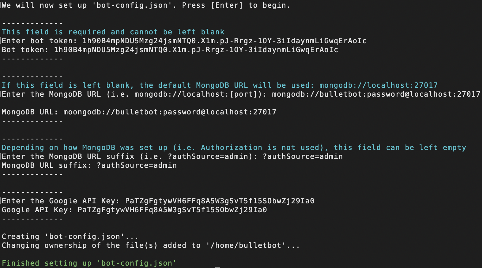 BulletBot Config File Setup With Authentication